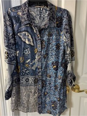 Soft Surroundings Blue Floral Patchwork Button-Up Tunic Top SZ L